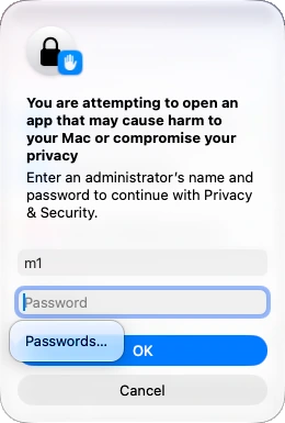 macOS prompt asking for an administrator’s name and password to continue with Privacy & Security. A Passwords suggestion partly covers the OK button.
