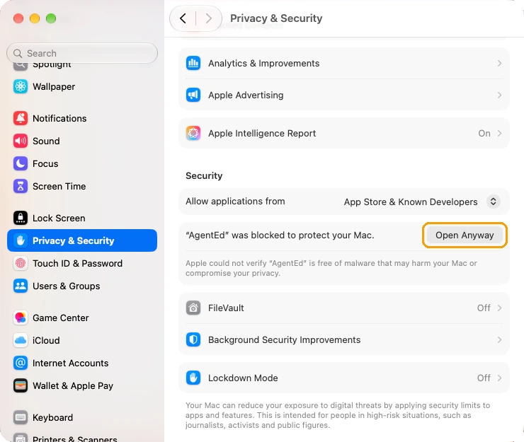 System Settings, Privacy & Security: under Security, “AgentEd” was blocked to protect your Mac, with the Open Anyway button outlined.